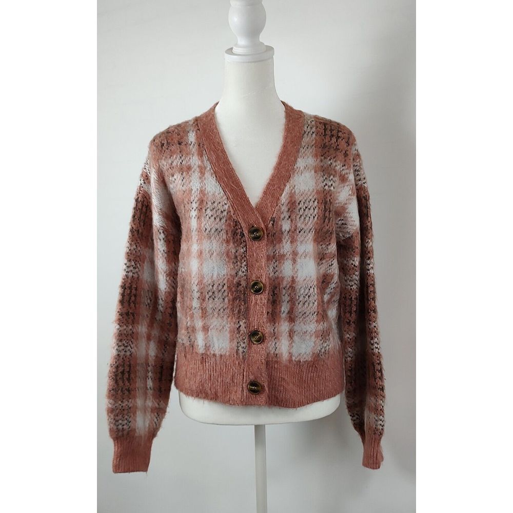 Cardigan Plaid Knit Button Down Sweater Long Sleeve Cozy Boho XS